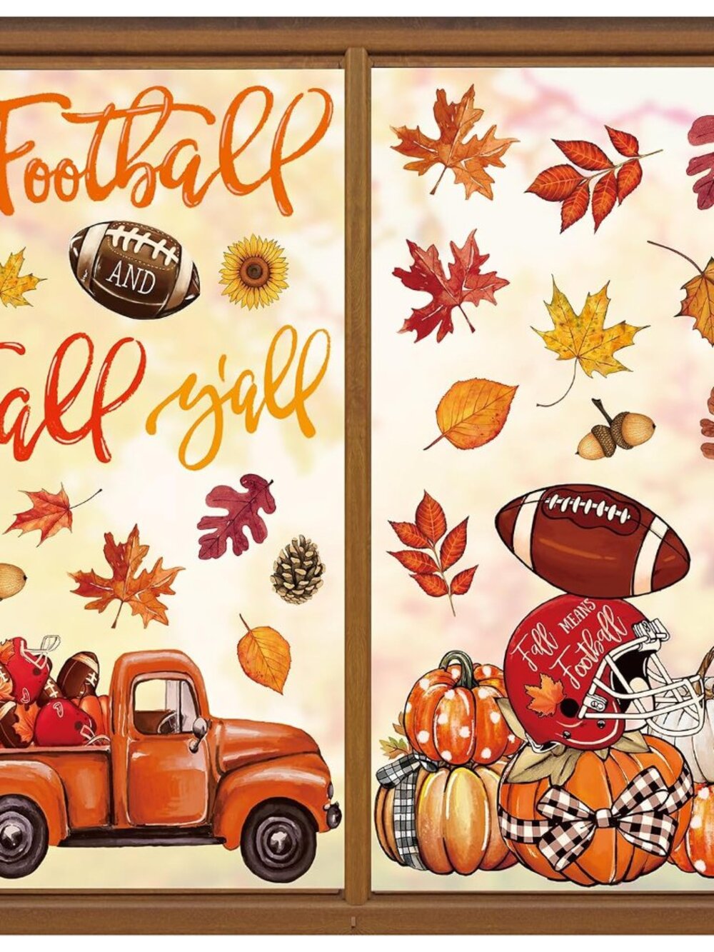 6 Sheet Fall Football Window Clings Fall Y'all Reusable Window Decals Maple Leav
